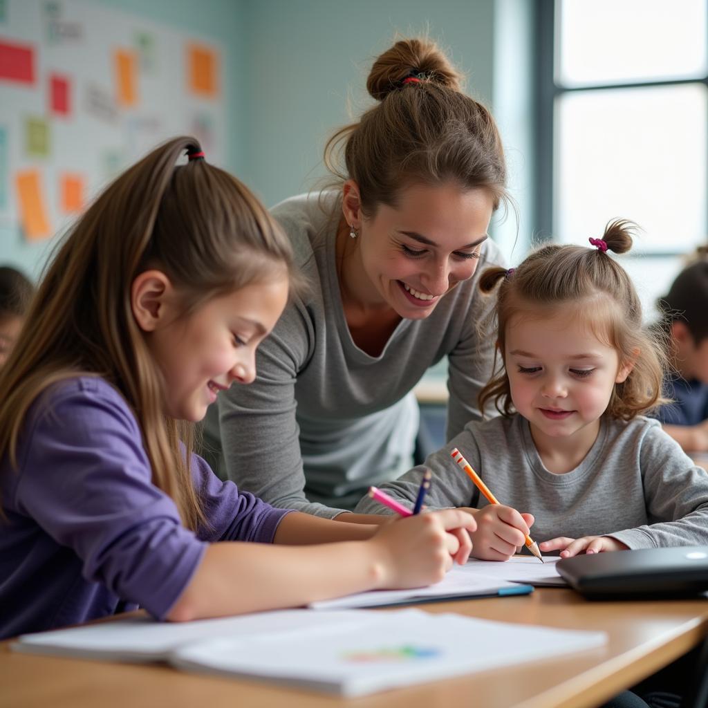 Giáo viên hỗ trợ học sinh có nhu cầu đặc biệt trong lớp học hòa nhập