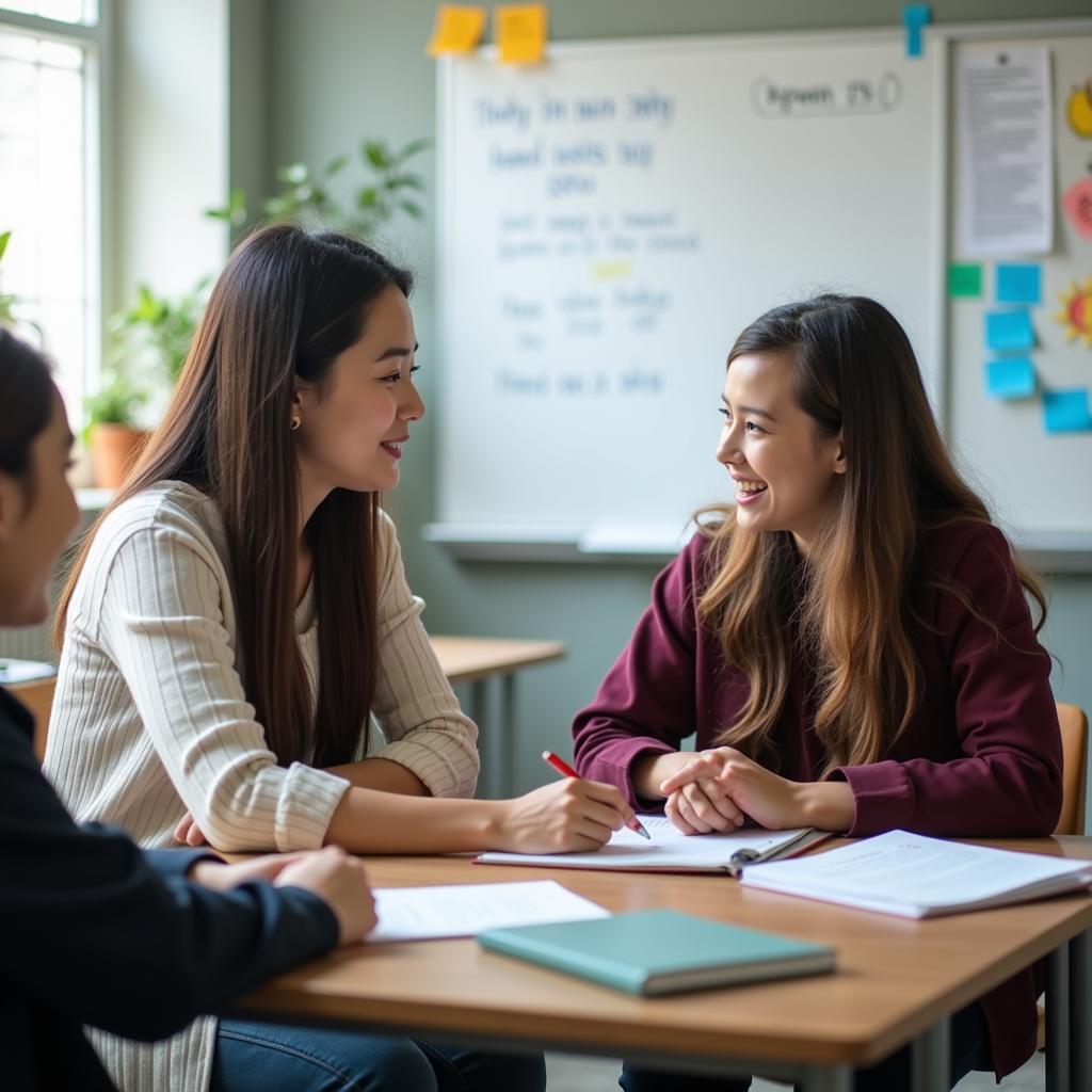 Giáo viên và học sinh trao đổi phản hồi xây dựng trong lớp học hiện đại