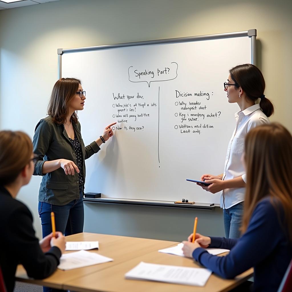 Giáo viên IELTS đang hướng dẫn chiến lược trả lời Part 3 cho học viên về chủ đề quyết định