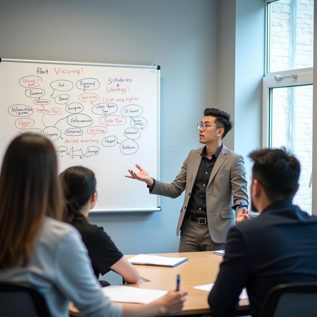 Giáo viên IELTS đang hướng dẫn chiến lược trả lời Part 3 với sơ đồ tư duy về chủ đề cảm xúc