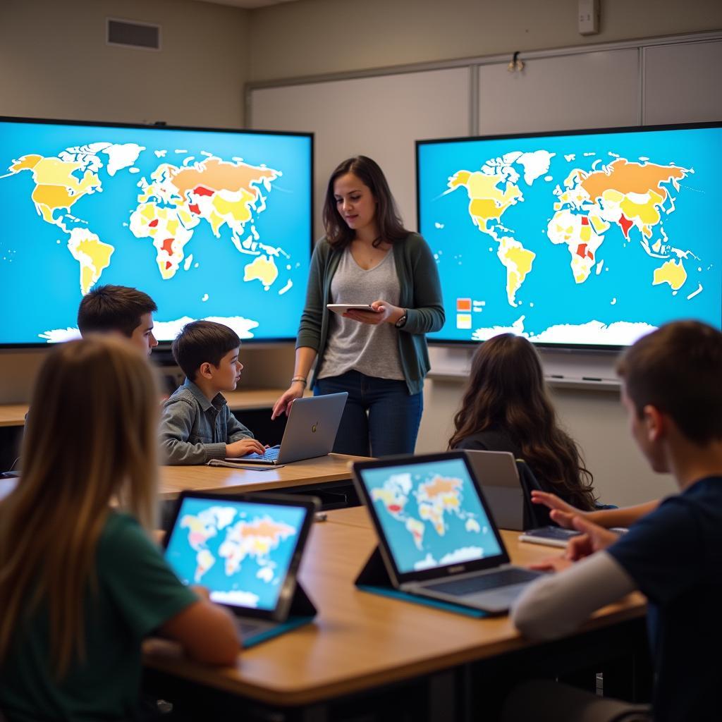 Giáo viên hướng dẫn học sinh thực hiện dự án khoa học hợp tác toàn cầu với công nghệ hiện đại và biểu đồ dữ liệu từ nhiều quốc gia