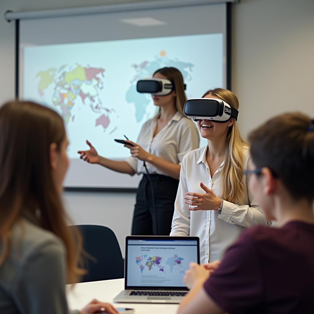 Giáo viên đang hướng dẫn học sinh sử dụng công nghệ thực tế ảo trong lớp học ngôn ngữ hiện đại với thiết bị VR tiên tiến