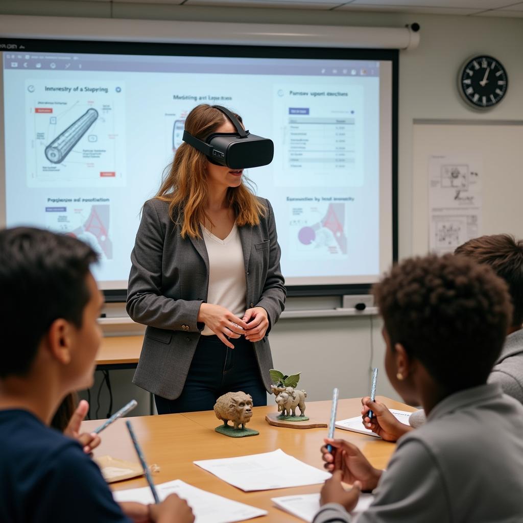 Giáo viên hướng dẫn học sinh cách sử dụng thiết bị VR để học các môn khoa học tự nhiên