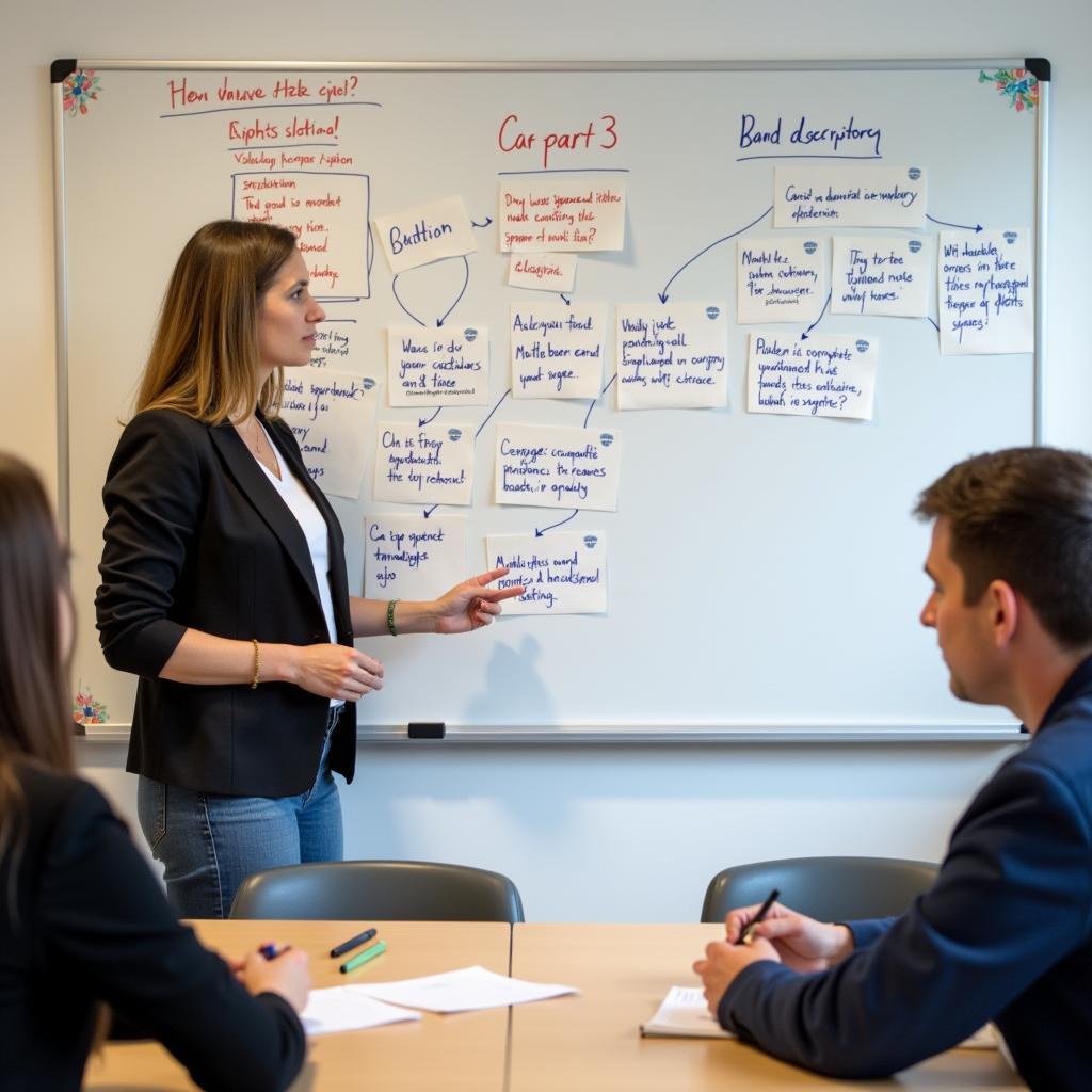 Giảng viên IELTS đang hướng dẫn chiến lược trả lời câu hỏi Part 3 với biểu đồ phân tích band descriptors