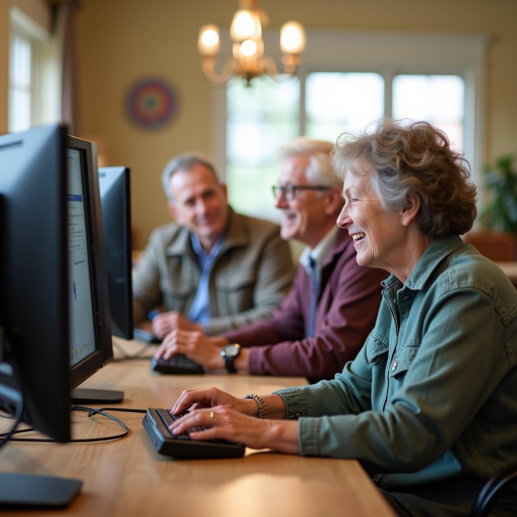 Giáo viên hướng dẫn người lớn tuổi học kỹ năng máy tính cơ bản tại trung tâm cộng đồng