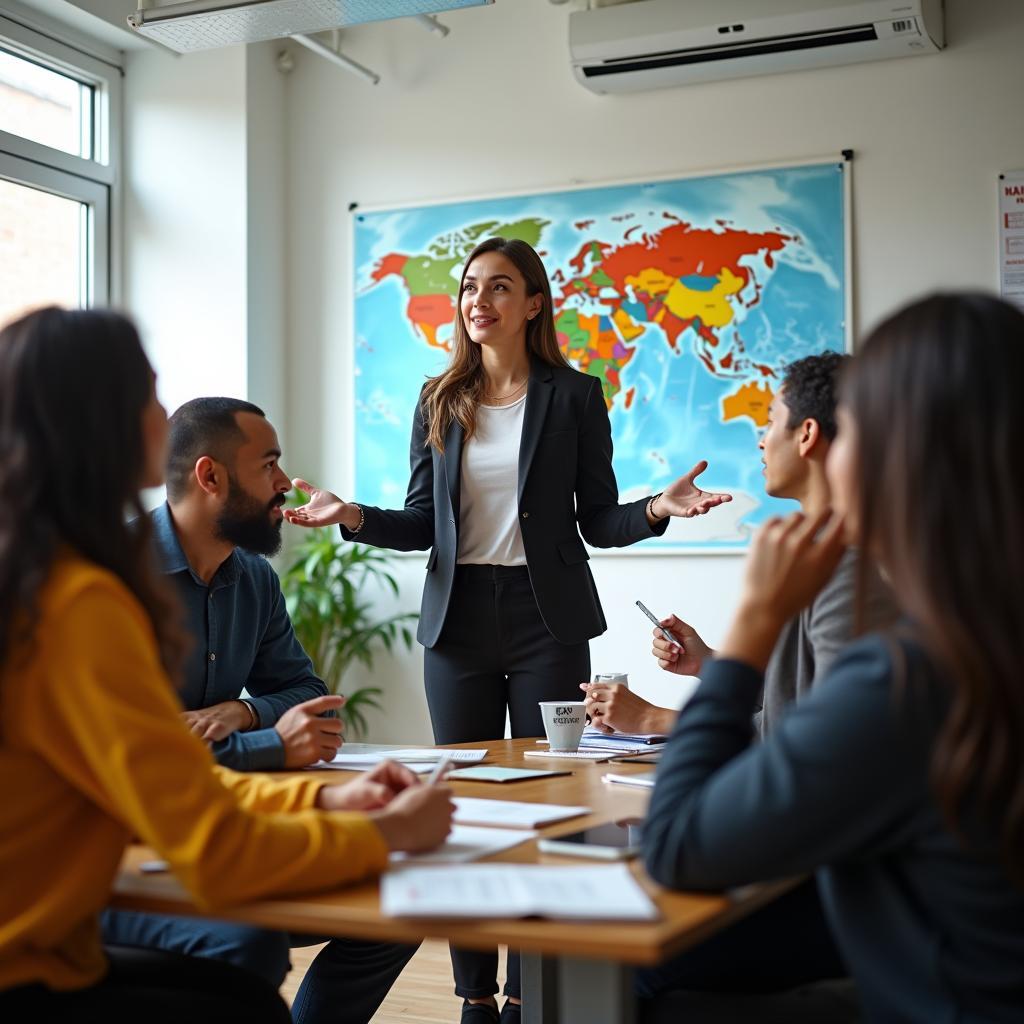 Giáo viên hướng dẫn sinh viên thảo luận về sự đa dạng văn hóa trong lớp học IELTS Reading