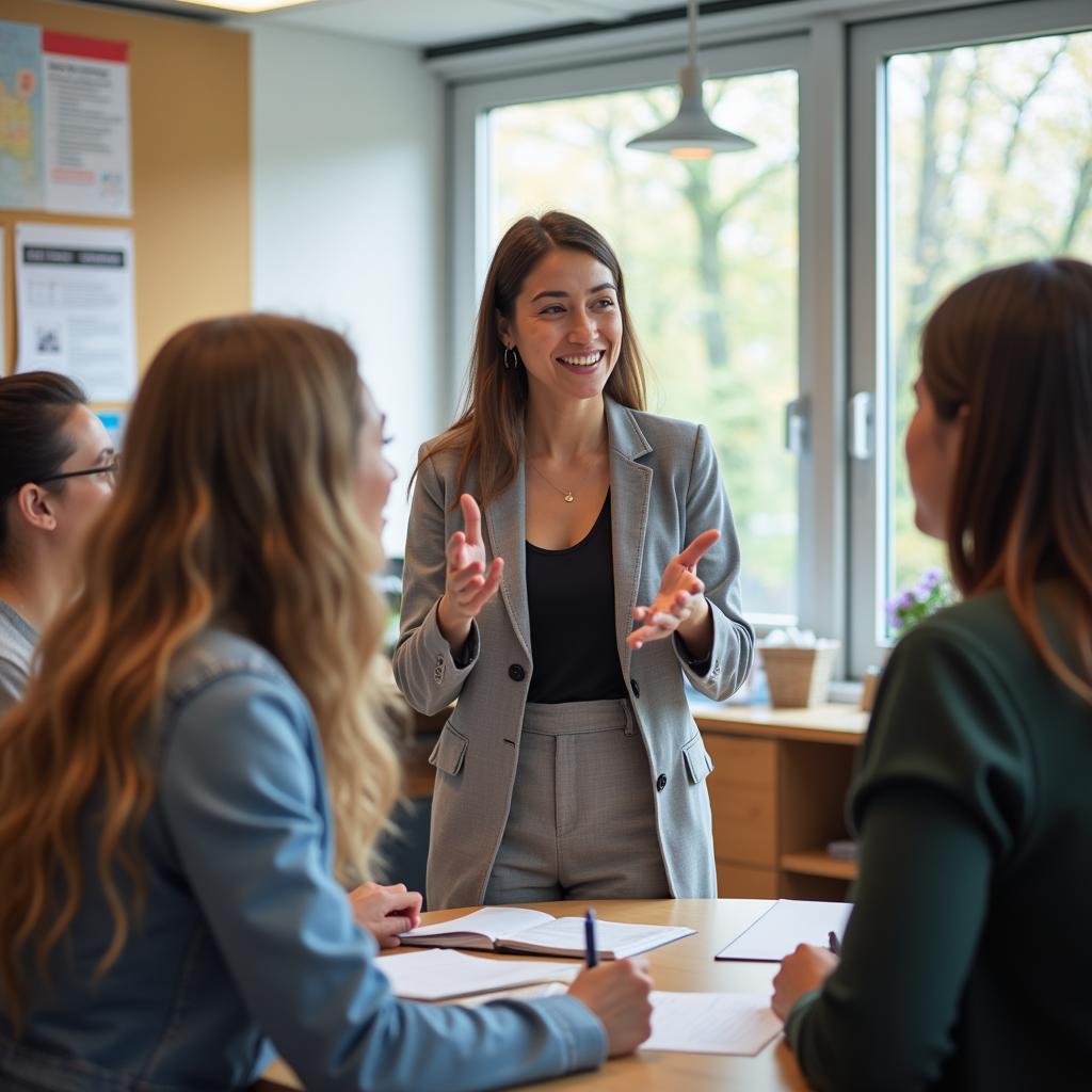 Giáo viên ngoại ngữ đang hướng dẫn học sinh trong lớp học IELTS Speaking