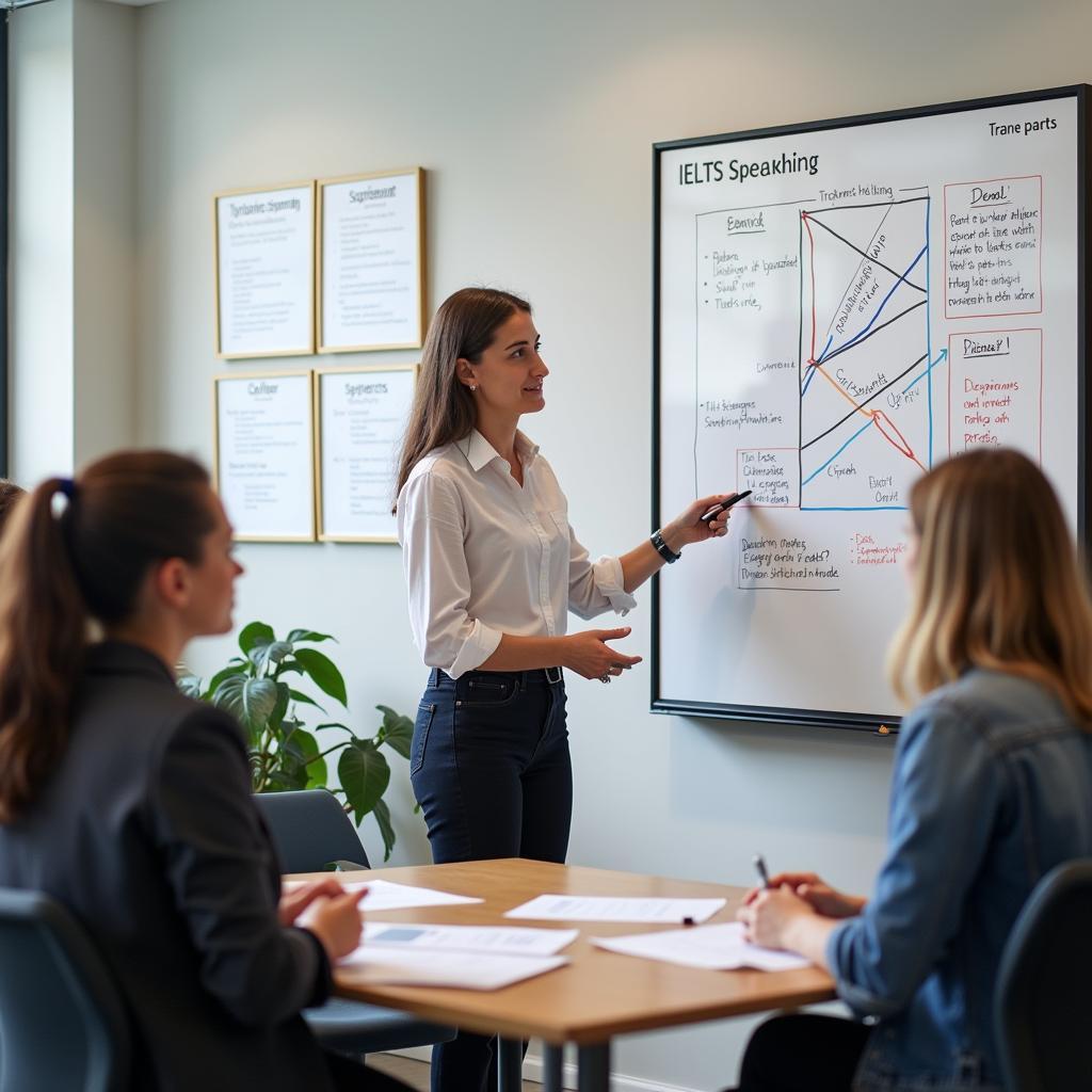 Giảng viên IELTS đang phân tích chiến lược trả lời Part 3 với biểu đồ minh họa về band descriptors
