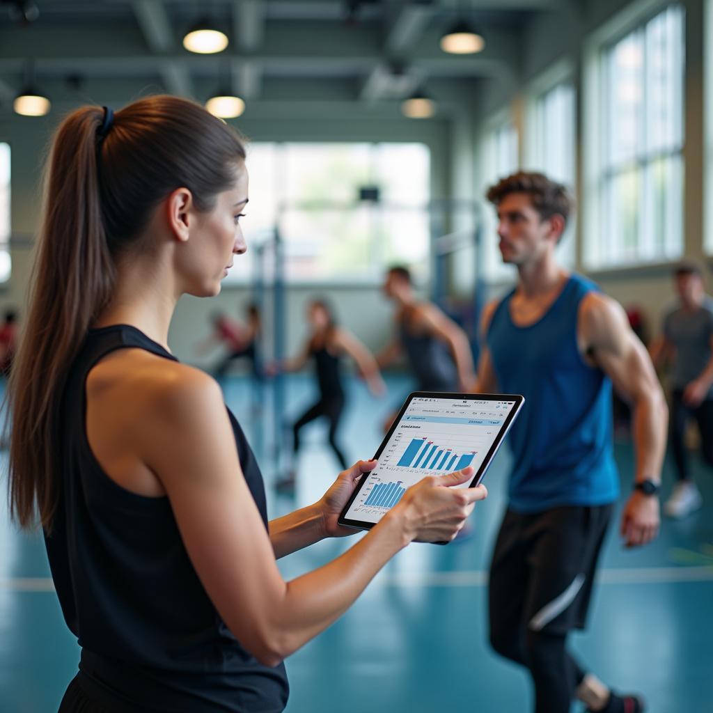 Giáo viên thể dục đang phân tích dữ liệu từ thiết bị đeo của học sinh trên máy tính bảng để cá nhân hóa chương trình giảng dạy