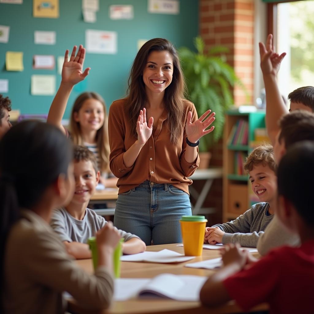 Giáo viên đang tương tác nhiệt tình với học sinh trong lớp học