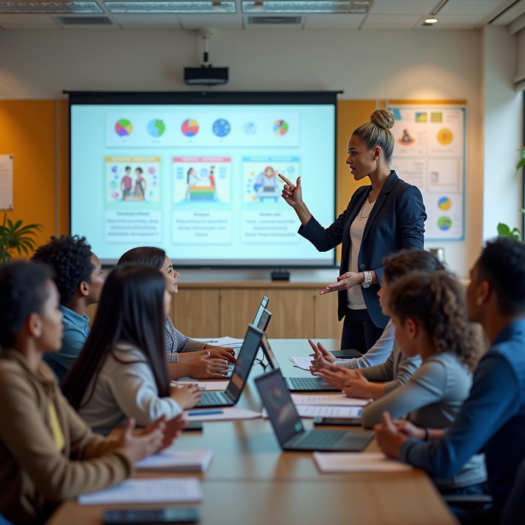 Giáo viên sử dụng công nghệ để giảng dạy cho các học sinh trong môi trường học tập hiện đại