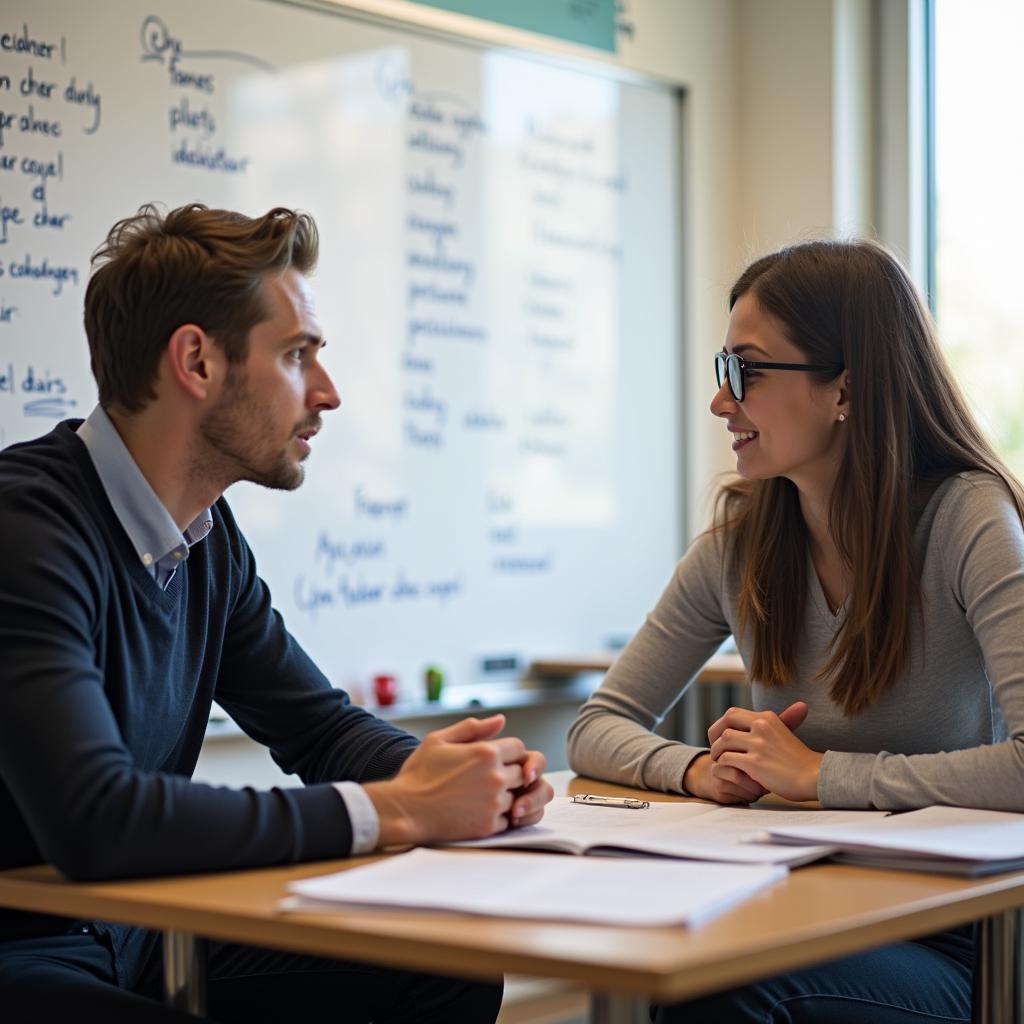 Giáo viên IELTS và học viên thảo luận sâu Part 3 về chủ đề người nổi tiếng và thành công