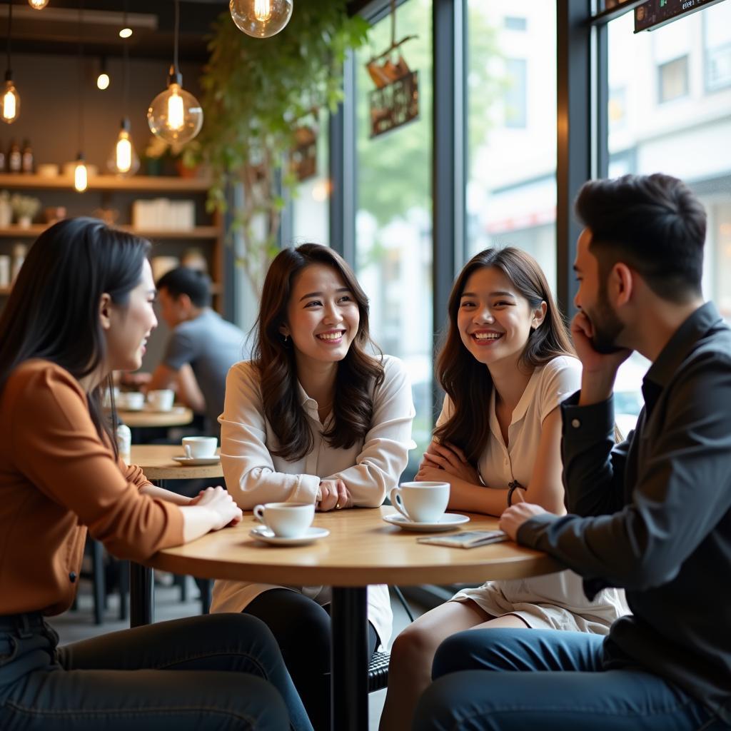 Giới trẻ Việt Nam tụ tập tại quán cà phê hiện đại để gặp gỡ bạn bè và trao đổi