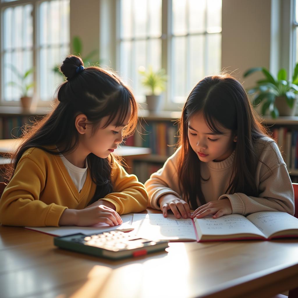 Học sinh giúp bạn học bài trong thư viện trường học với sách vở và máy tính