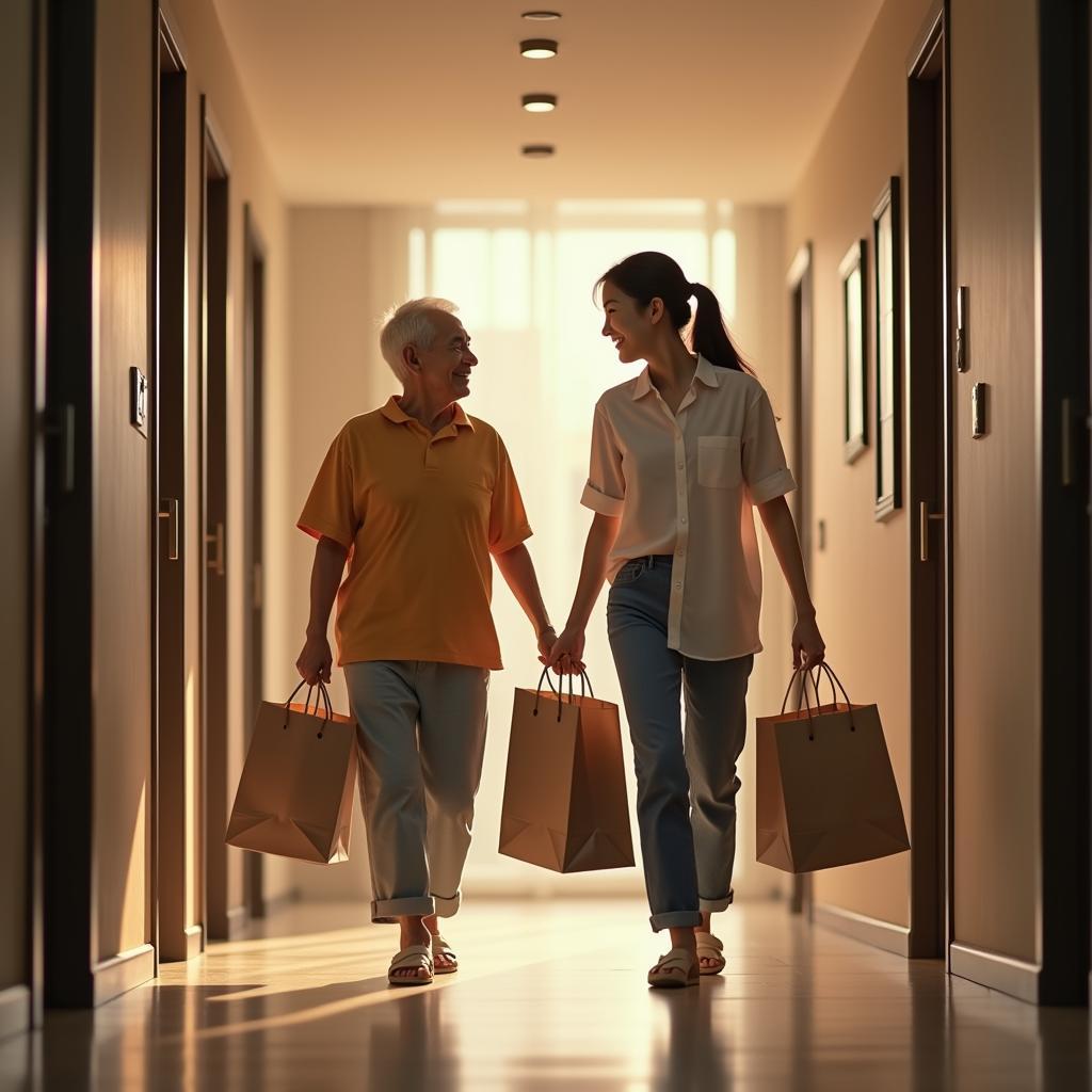 Hình ảnh minh họa người trẻ giúp người cao tuổi mang túi đồ mua sắm nặng trong khu chung cư hiện đại tại Việt Nam