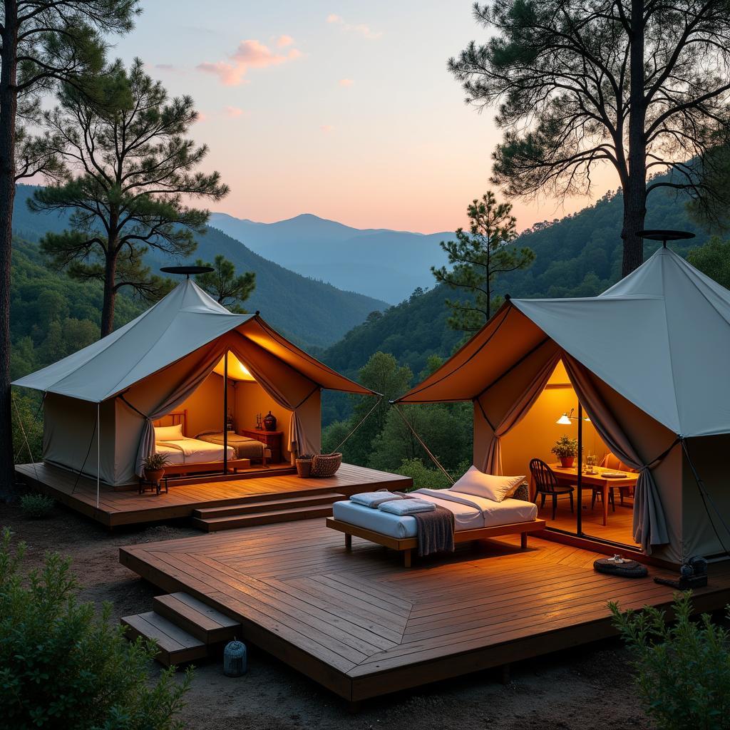 Khu cắm trại sang trọng glamping với lều trại hiện đại trong công viên thiên nhiên, kết hợp giữa tiện nghi và trải nghiệm thiên nhiên