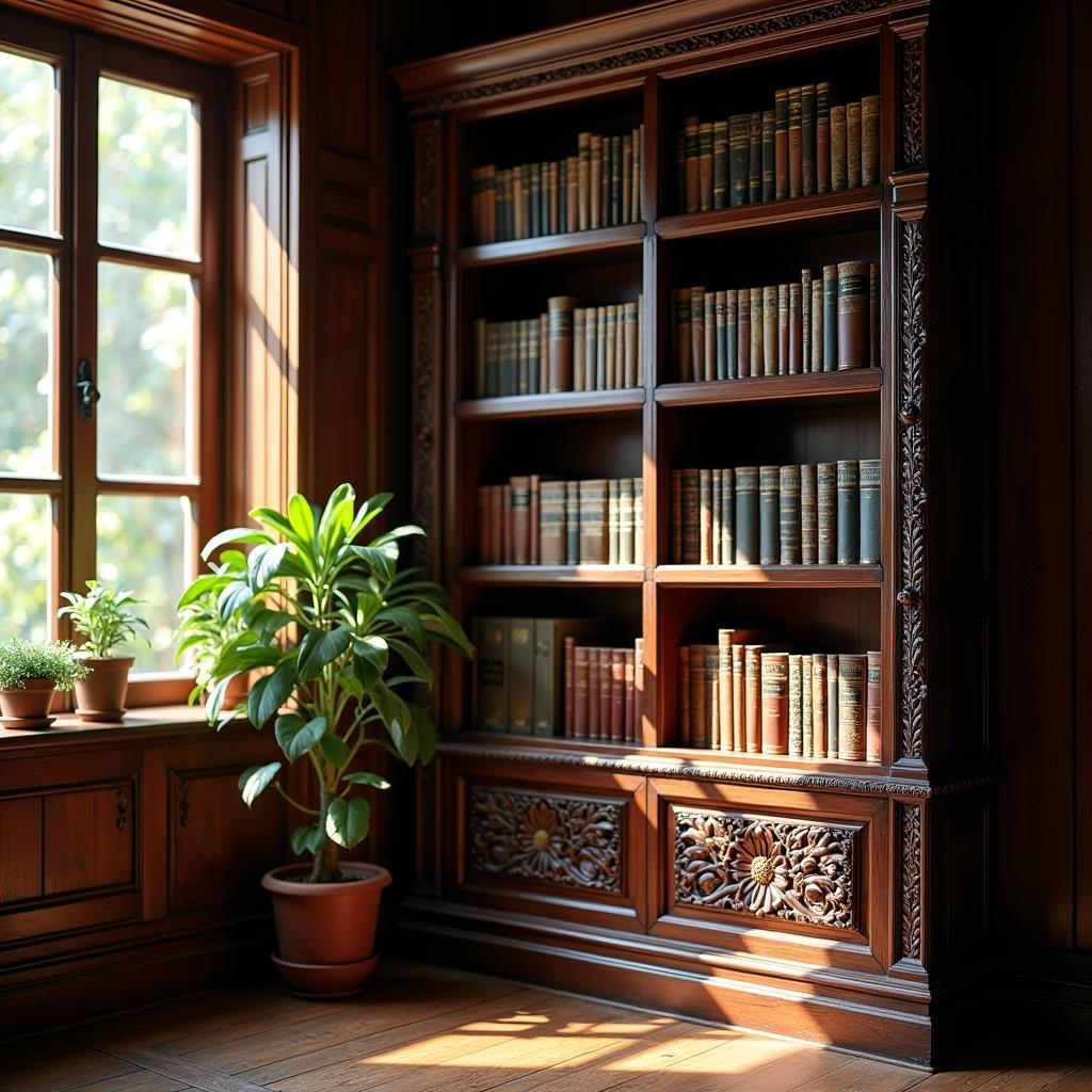 Gỗ sách gỗ cổ điển trong phòng học với ánh sáng tự nhiên minh họa bài thi IELTS Speaking