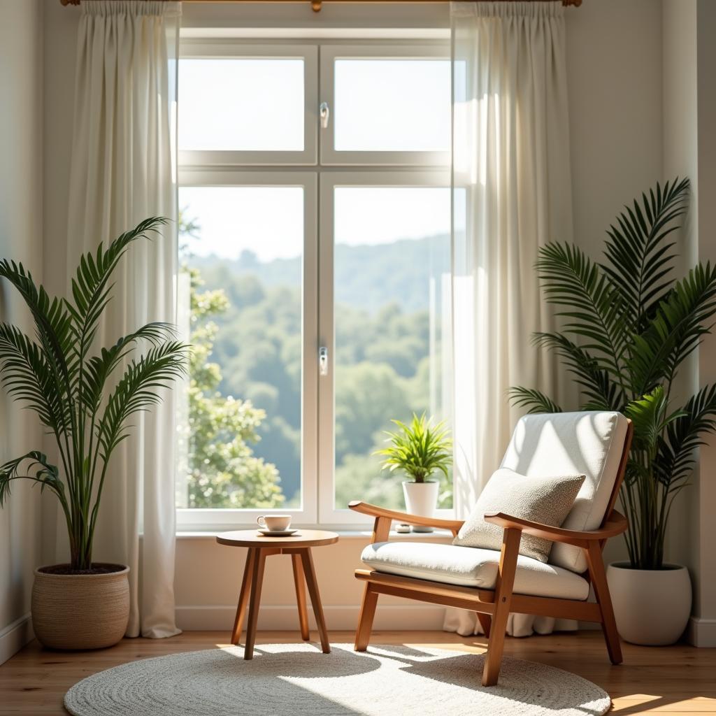 Góc thư giãn cá nhân với ánh sáng tự nhiên và cây xanh để nạp năng lượng cho bài thi IELTS Speaking