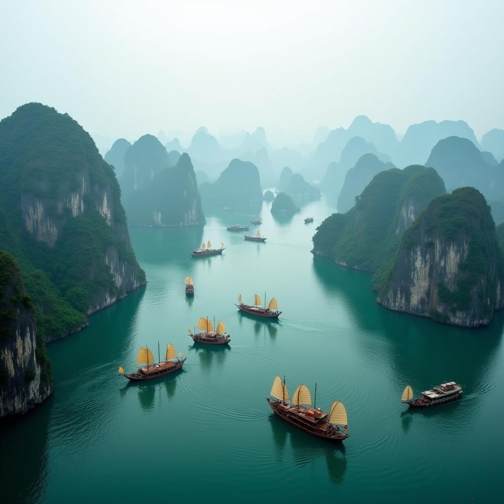 Vịnh Hạ Long với hàng nghìn đảo đá vôi nổi trên mặt nước xanh ngọc bích