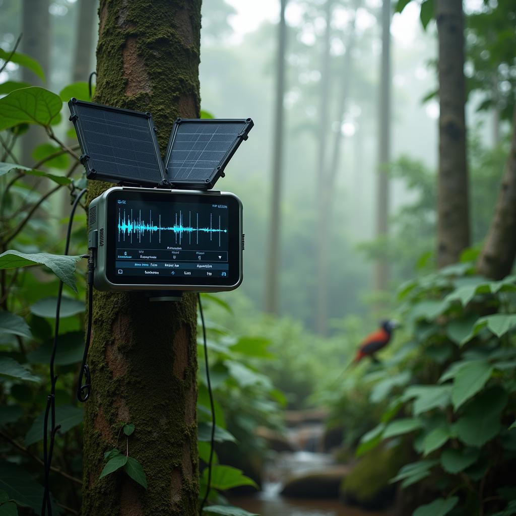 Cảm biến acoustic AI ghi âm tiếng kêu động vật hoang dã trong rừng nhiệt đới