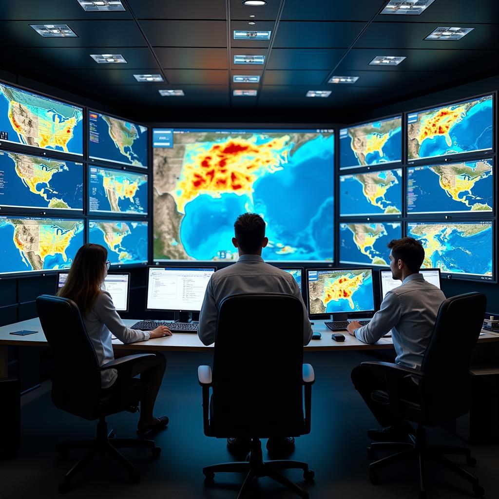 Hệ thống cảnh báo sớm sử dụng AI dự báo thiên tai với màn hình hiển thị dữ liệu phân tích động đất và bão