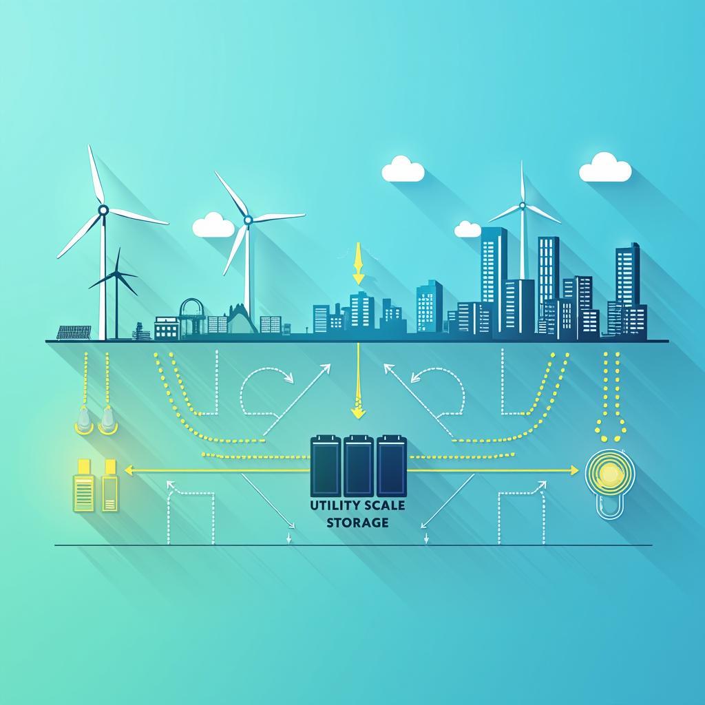 Sơ đồ minh họa hệ thống lưới điện thông minh với các giải pháp lưu trữ năng lượng tái tạo quy mô lớn.