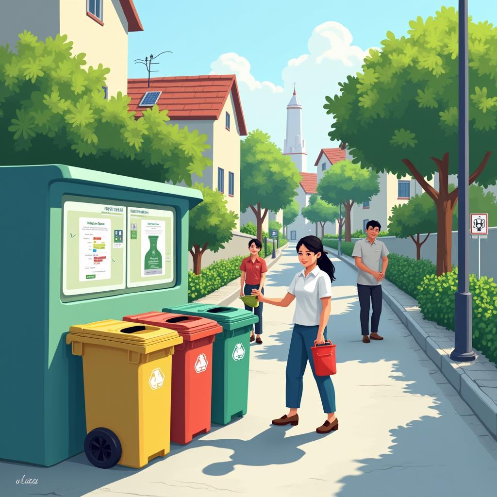 Hệ thống quản lý rác thải thông minh với thùng rác phân loại màu sắc trong khu dân cư hiện đại