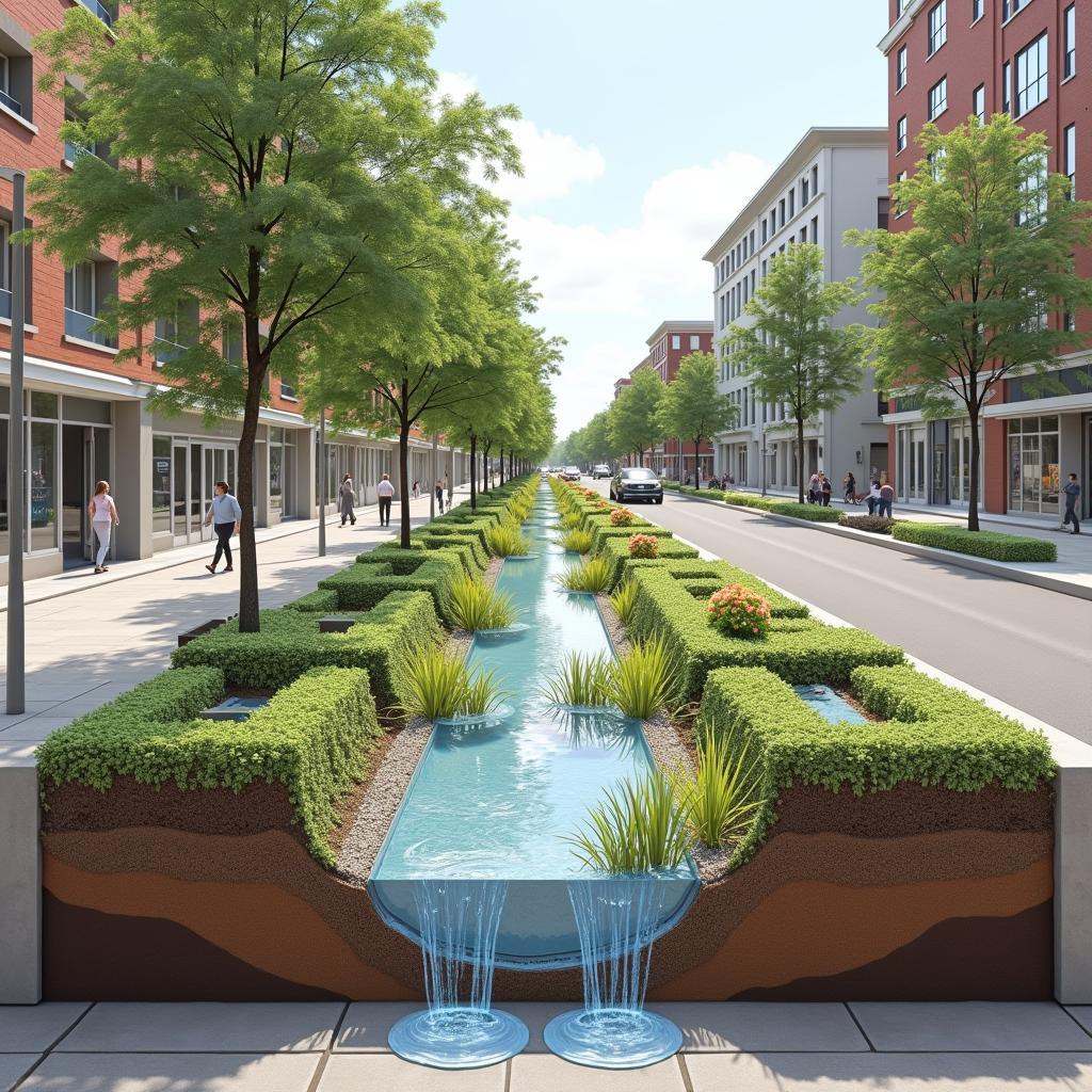 Hệ thống thủy lực đô thị xanh bioswale xử lý nước mưa trong thành phố hiện đại