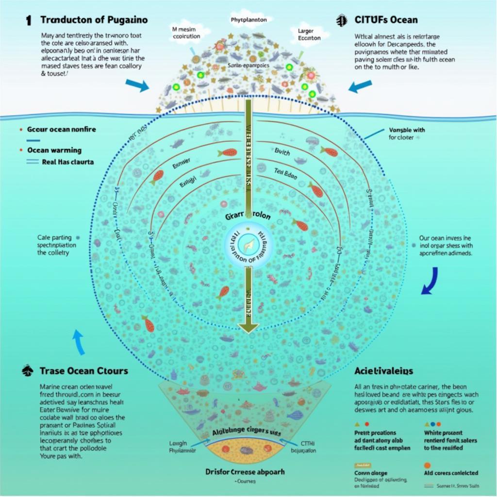 Biểu đồ minh họa tác động của biến đổi khí hậu lên hệ sinh thái biển và chuỗi thức ăn từ phytoplankton đến động vật biển