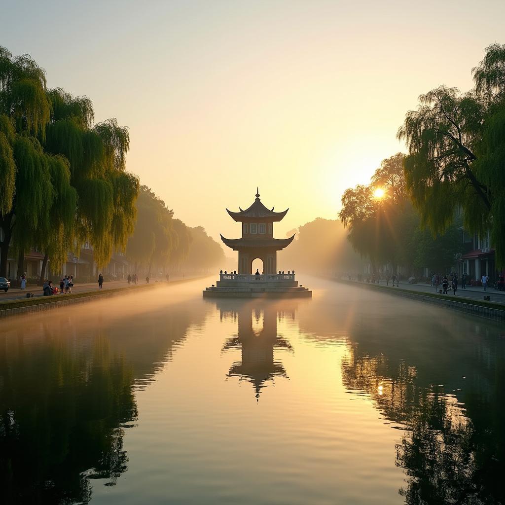 Hồ Hoàn Kiếm Hà Nội với khung cảnh yên bình và tháp Rùa giữa hồ