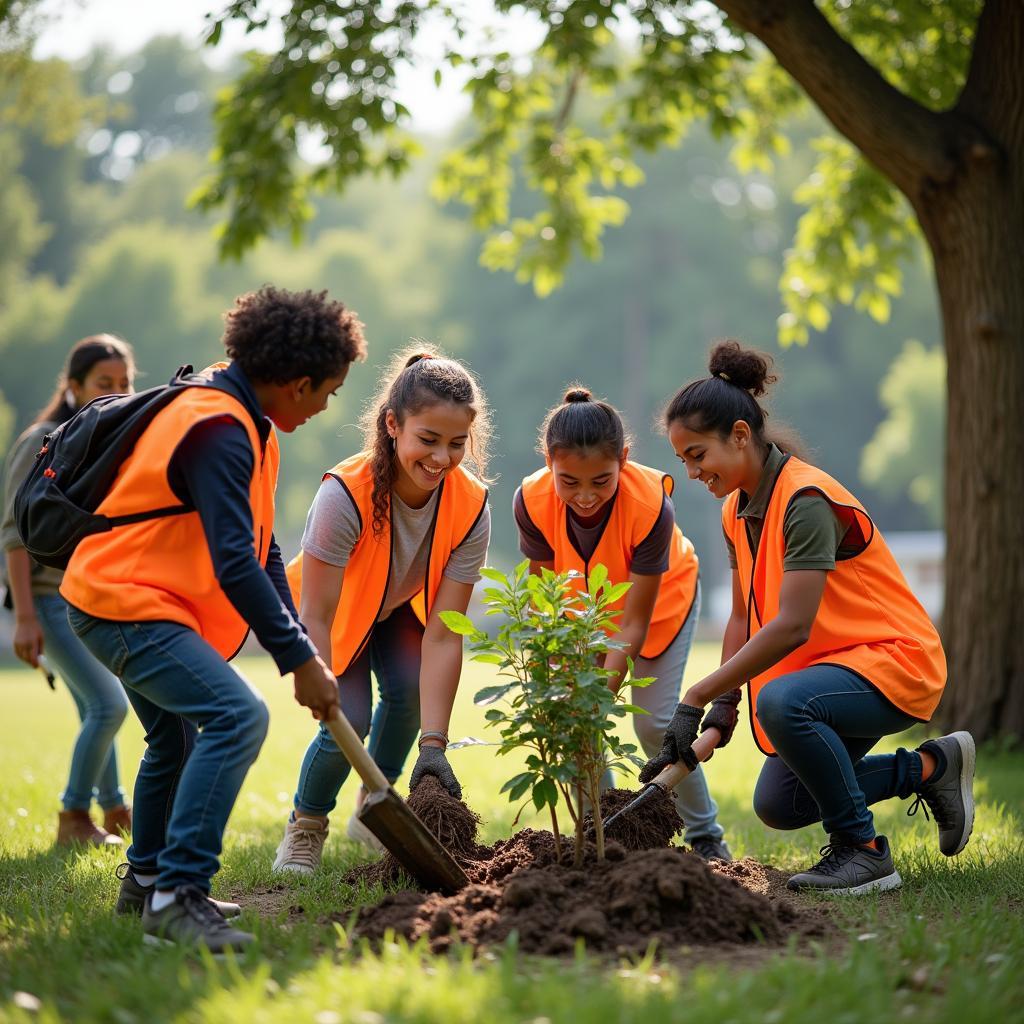 Nhóm tình nguyện viên đang tham gia hoạt động giúp đỡ cộng đồng trong công viên