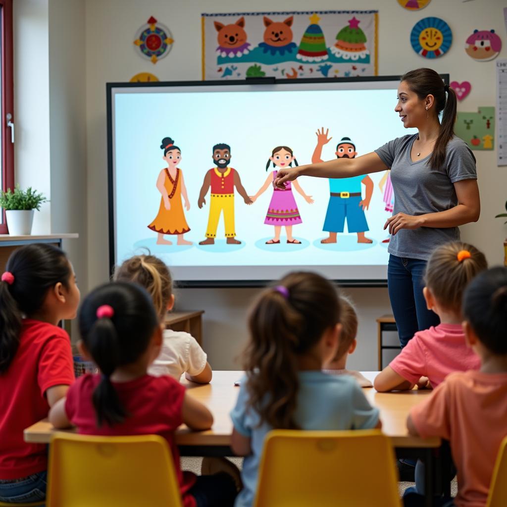 Học sinh đang xem video hoạt hình về đa dạng văn hóa trên màn hình tương tác trong lớp học hiện đại