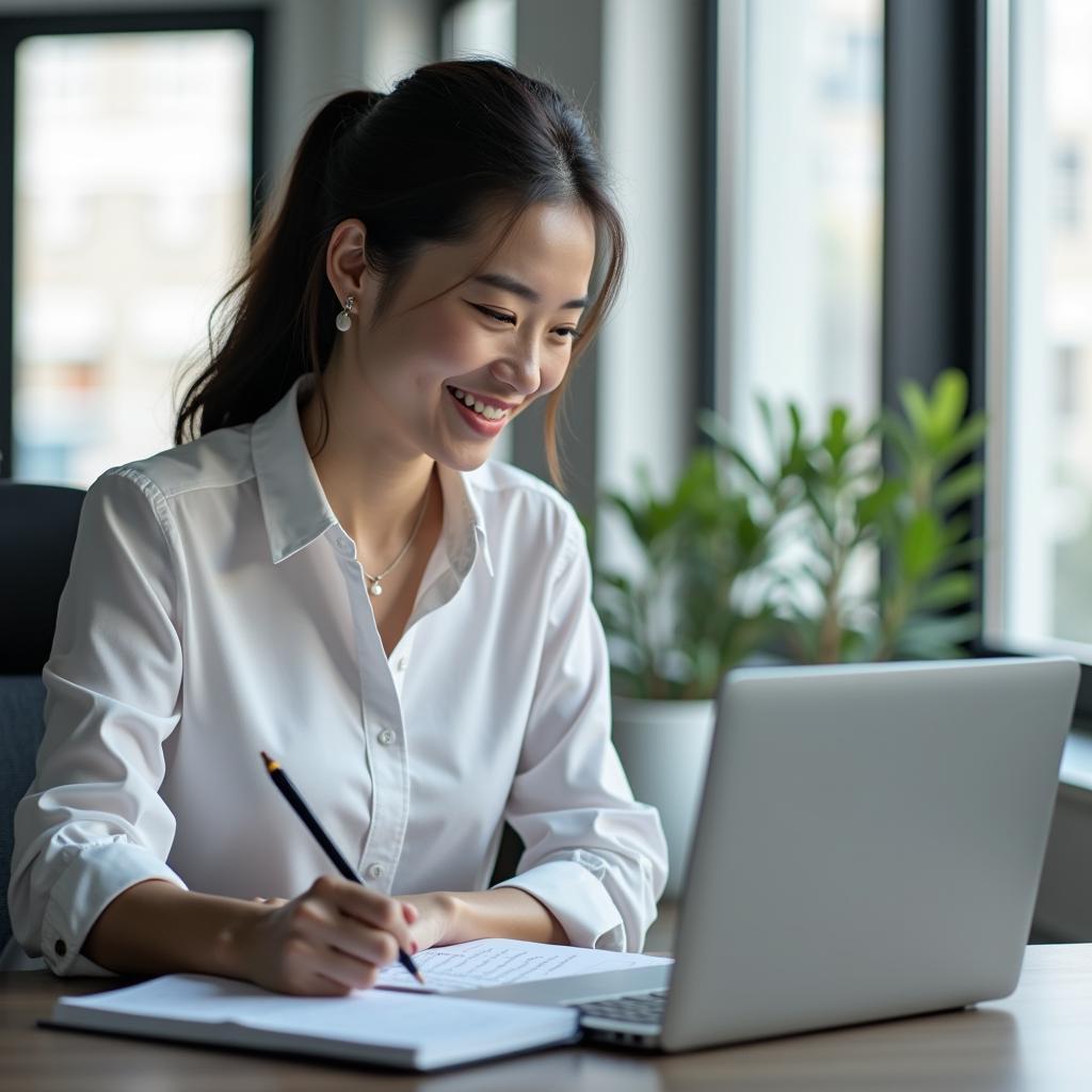 Học viên đang học kỹ năng mới trong môi trường công việc hiện đại để nâng cao năng lực nghề nghiệp theo chủ đề IELTS Speaking