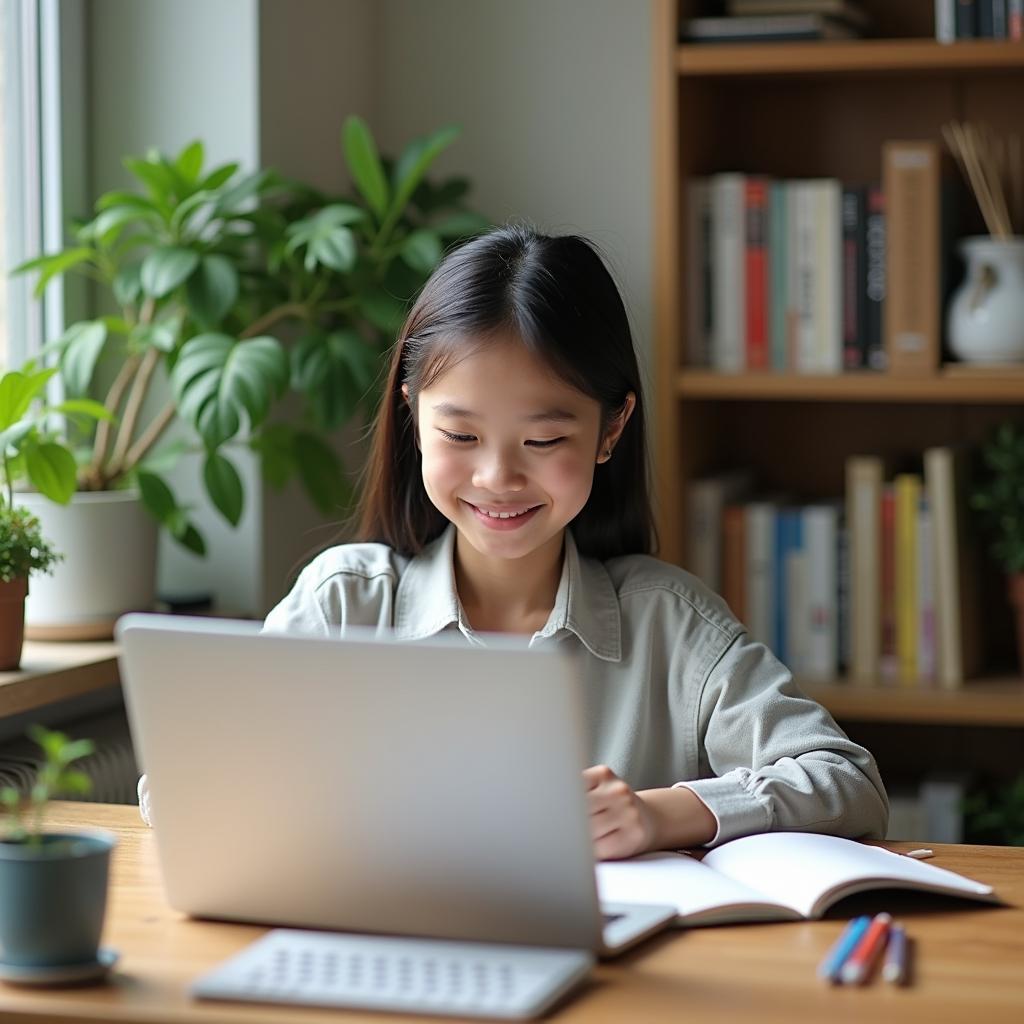 Học viên đang tự học kỹ năng mới qua laptop với sổ tay ghi chú bên cạnh trong không gian học tập thoải mái