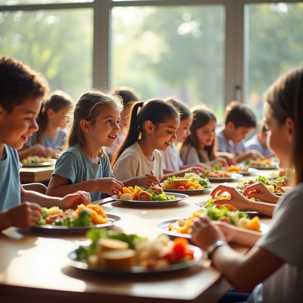 Học sinh tiểu học đang ăn bữa trưa dinh dưỡng miễn phí tại nhà ăn trường học với các món ăn cân bằng và không khí vui vẻ