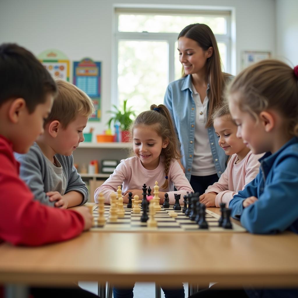 Học sinh tiểu học chơi cờ vua truyền thống để phát triển kỹ năng tư duy logic và giải quyết vấn đề