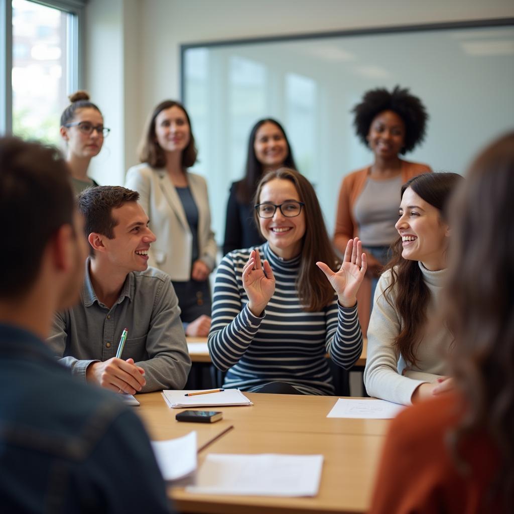 Học sinh đa văn hóa tham gia thảo luận nhóm trong lớp học quốc tế IELTS