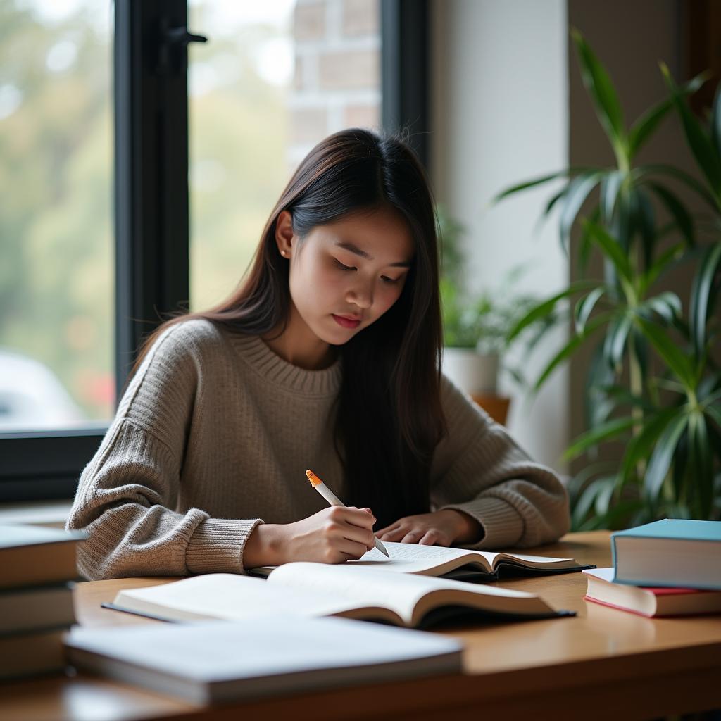 Học sinh đang đọc sách chuẩn bị cho phần thi IELTS Speaking về chủ đề sách và thói quen đọc