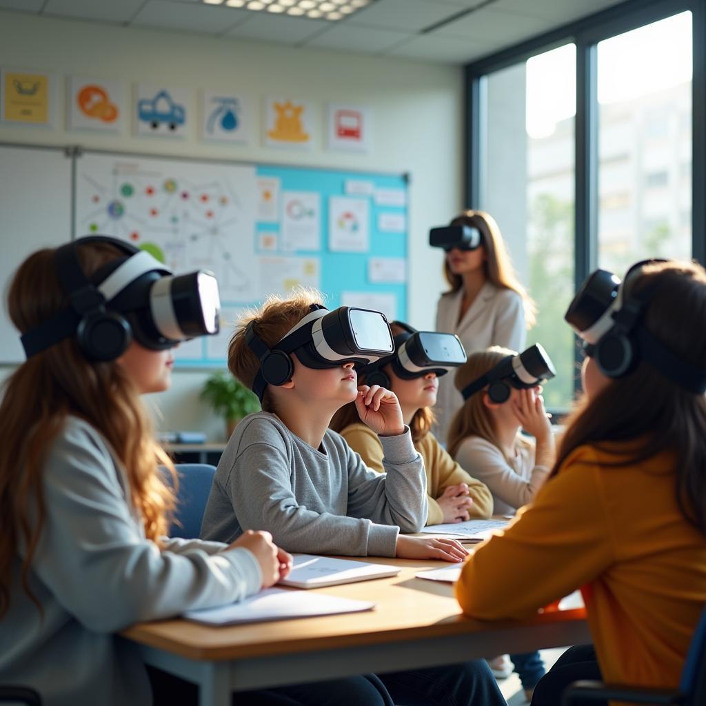 Học sinh sử dụng kính thực tế ảo để học khoa học trong lớp học hiện đại