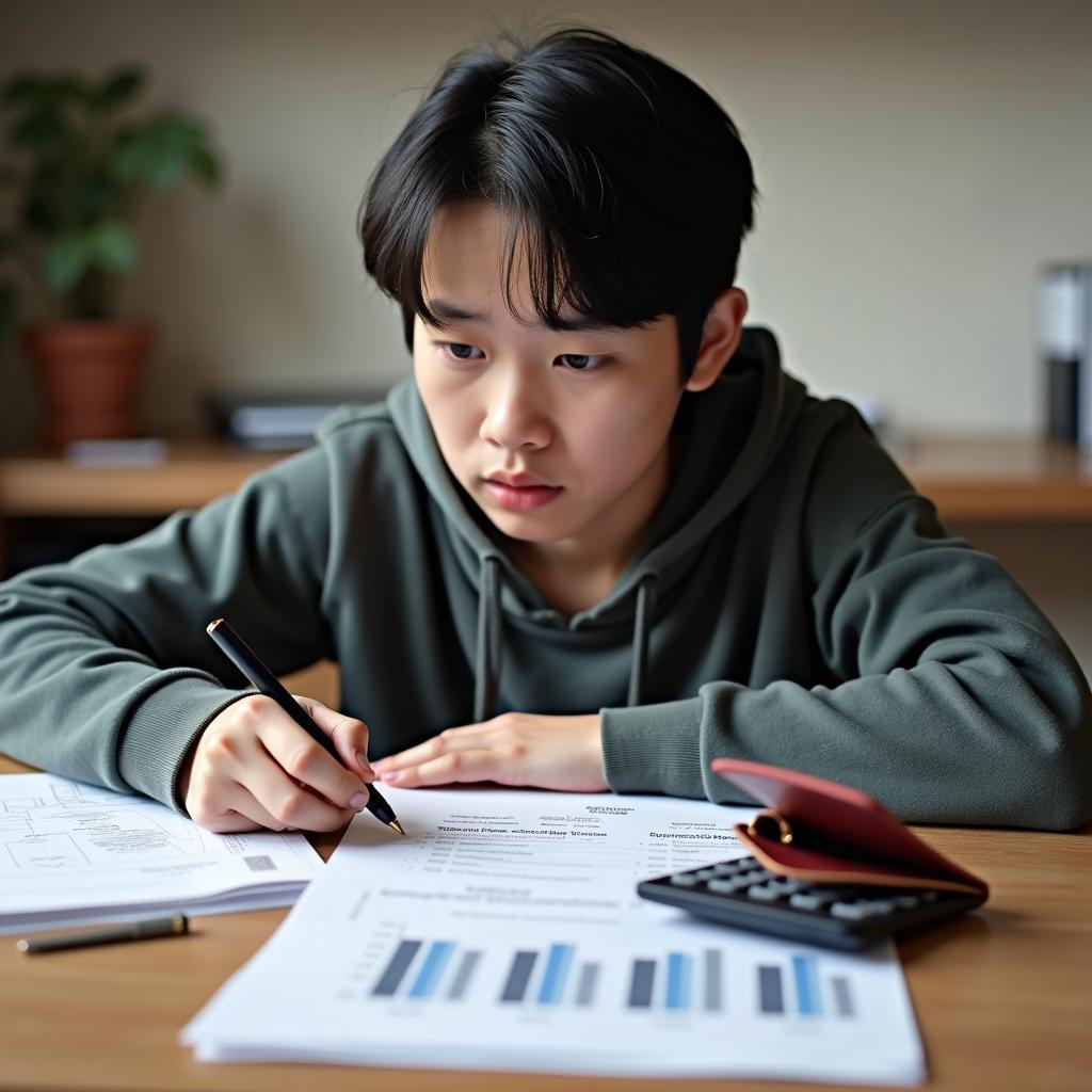 Học sinh đang lo lắng về chi phí chương trình trao đổi văn hóa với biểu đồ tài chính và túi tiền trống