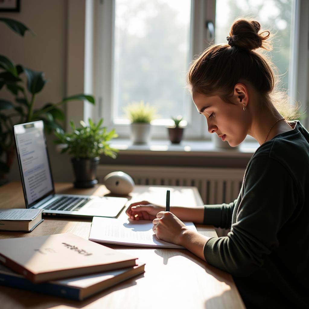 Học sinh đang học bài theo phương pháp Pomodoro với đồng hồ đếm giờ và sách vở