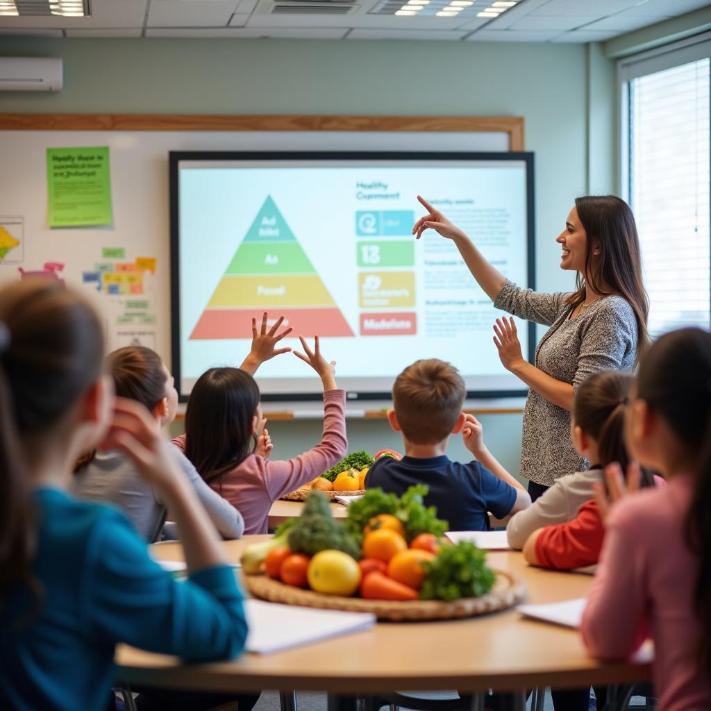 Học sinh tương tác trong lớp học về dinh dưỡng và sức khỏe