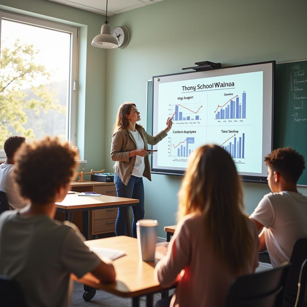 Học sinh đang học kiến thức tài chính cơ bản tại lớp học với giáo viên hướng dẫn