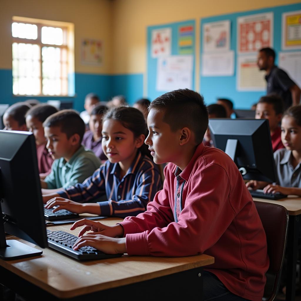 Học sinh các nước đang phát triển học kỹ năng số trên máy tính trong lớp học