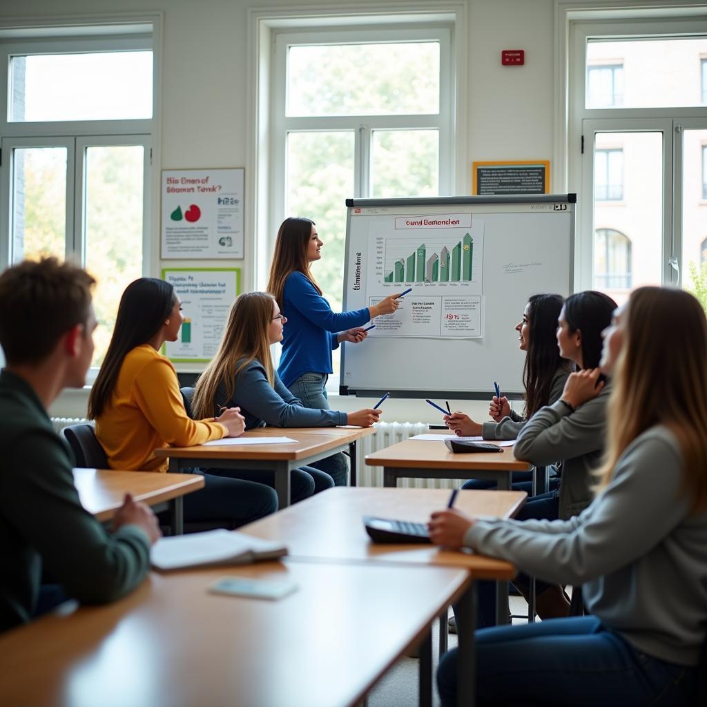 Học sinh đang học kỹ năng quản lý tài chính trong lớp học hiện đại