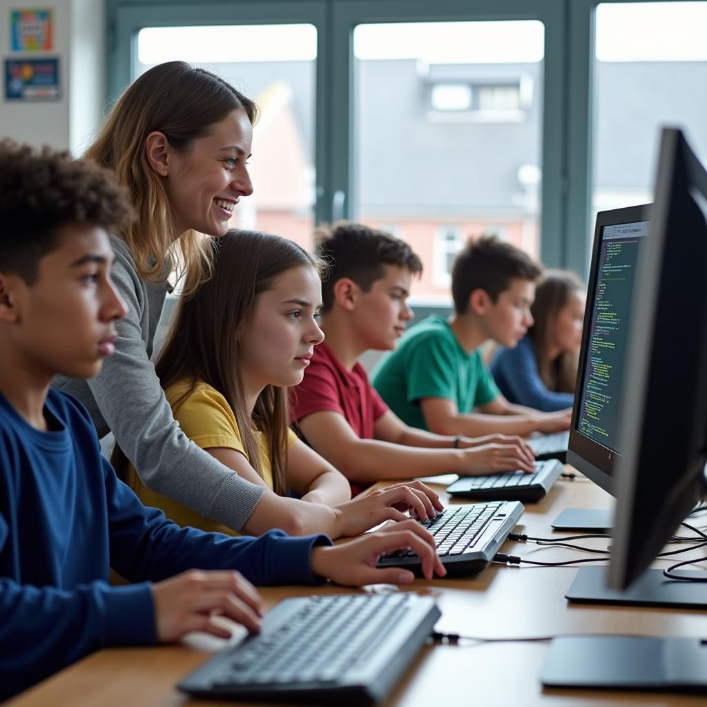 Học sinh đang học lập trình máy tính trong lớp học với giáo viên hướng dẫn minh họa cho bài viết IELTS Writing Task 2 về coding