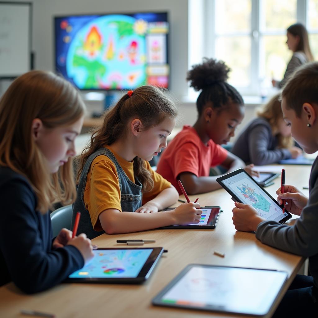 Học sinh sử dụng máy tính bảng học nghệ thuật số trong lớp học hiện đại IELTS Reading