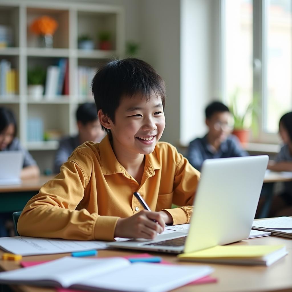 Học sinh đang học ngoại ngữ trên máy tính với sách vở và ghi chú