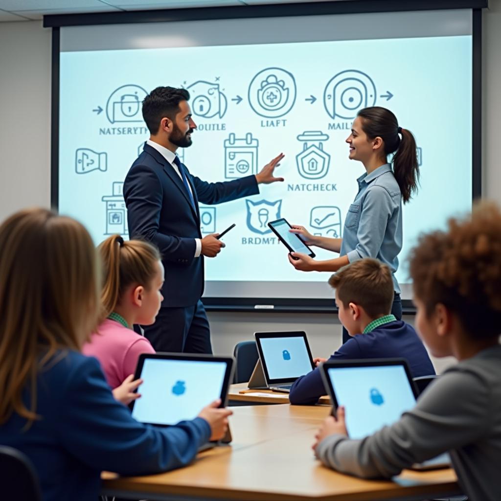 Học sinh đang học về quyền riêng tư kỹ thuật số và an toàn trực tuyến trong lớp học hiện đại