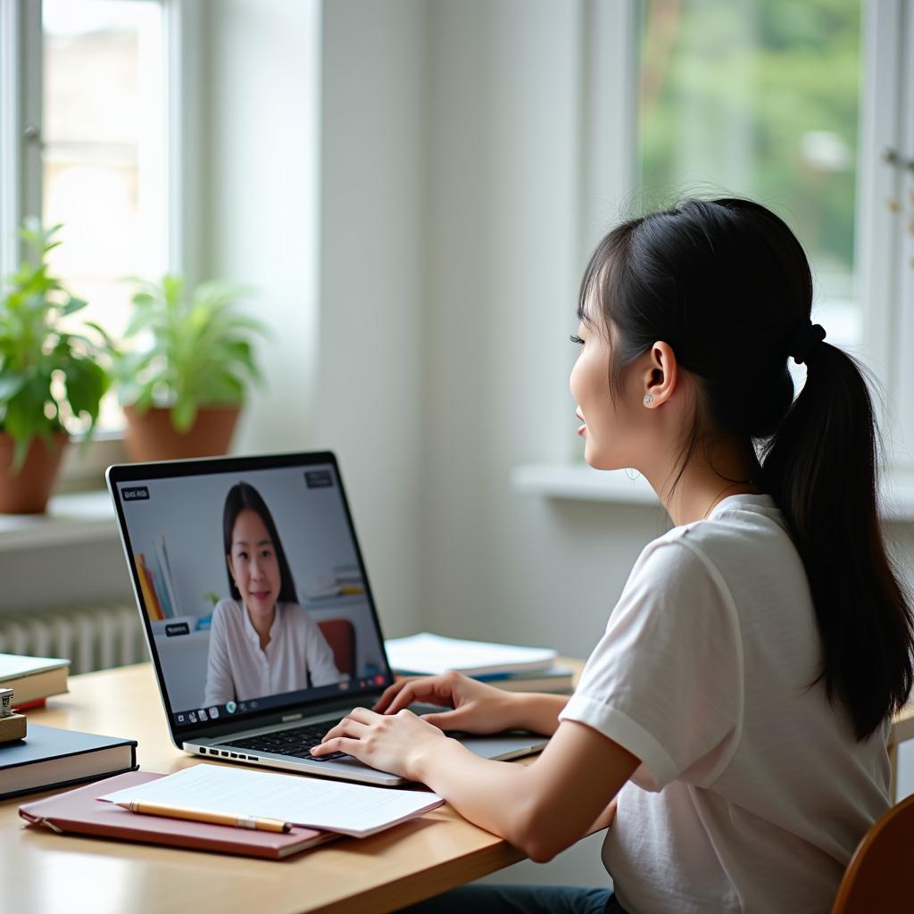 Học sinh học trực tuyến qua máy tính với giáo viên hướng dẫn từ xa trong môi trường học tập hiện đại